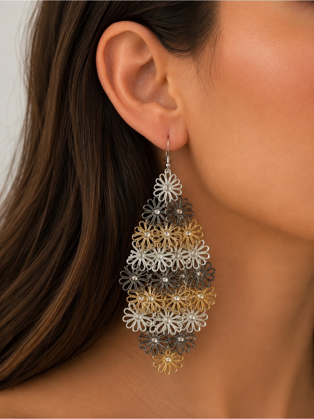 Layered Sunflower Dangle Earrings 4” Gold Silver Mixed Metal Floral Statement